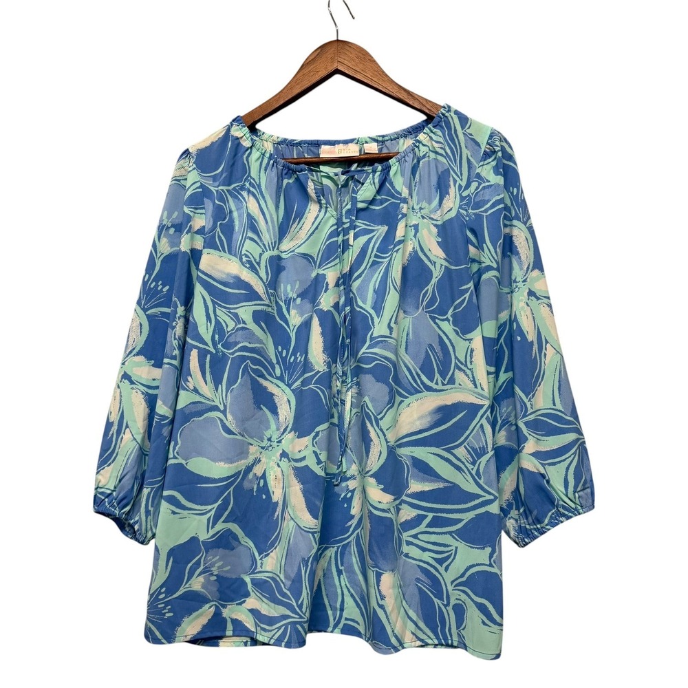 Belle Kim Gravel Blouse Womens M Blue Watercolor Floral‎ Peasant 3/4 Sleeve Boho